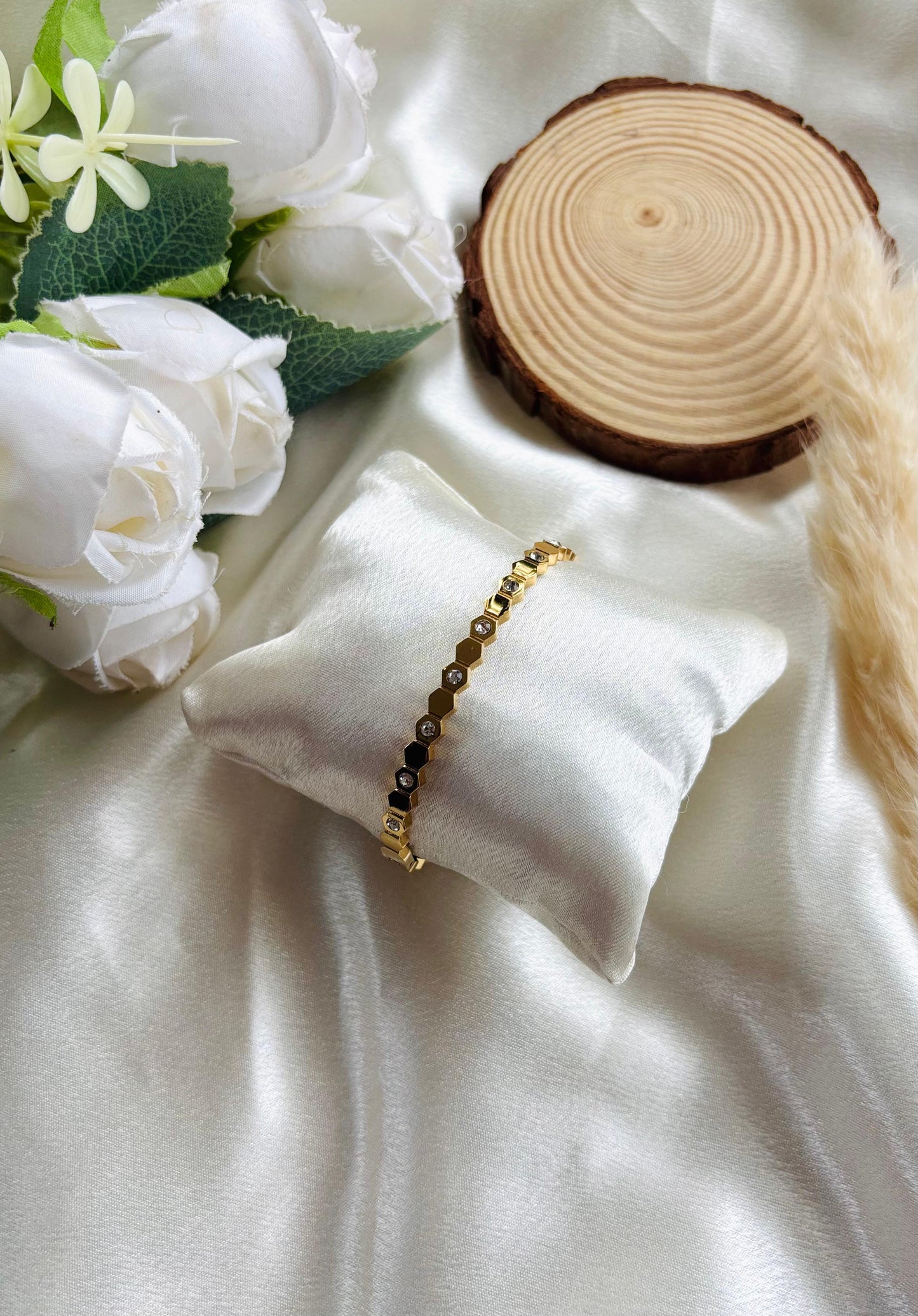 Anti tarnish gold plated hexagonal bracelet with cubic zirconia stones