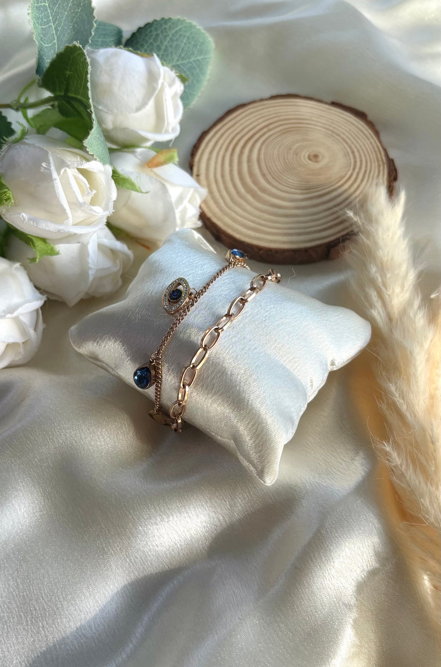 Anti tarnish gold plated evil eye blue stone double layered bracelet