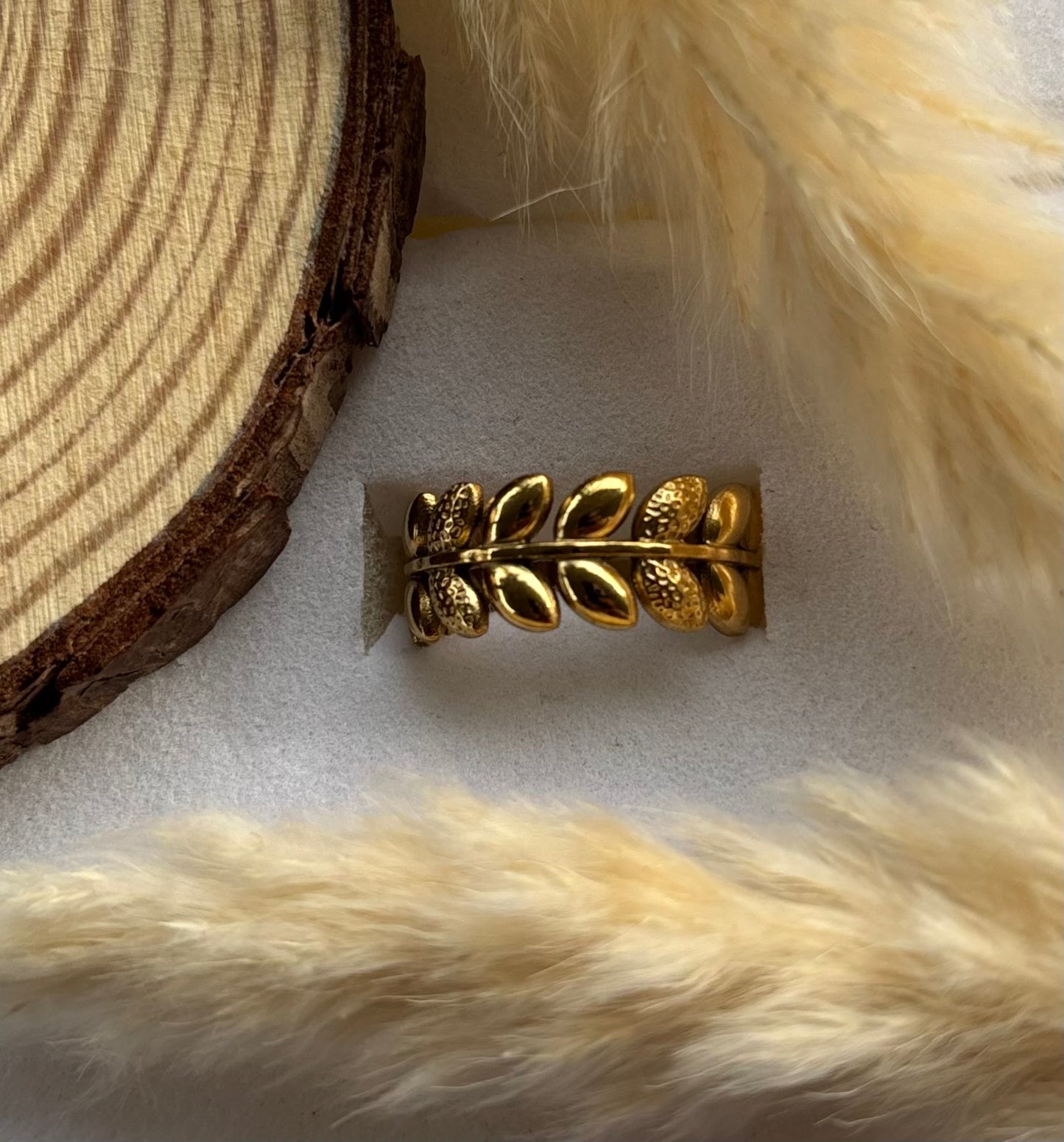 Anti tarnish gold plated leafy adjustable ring