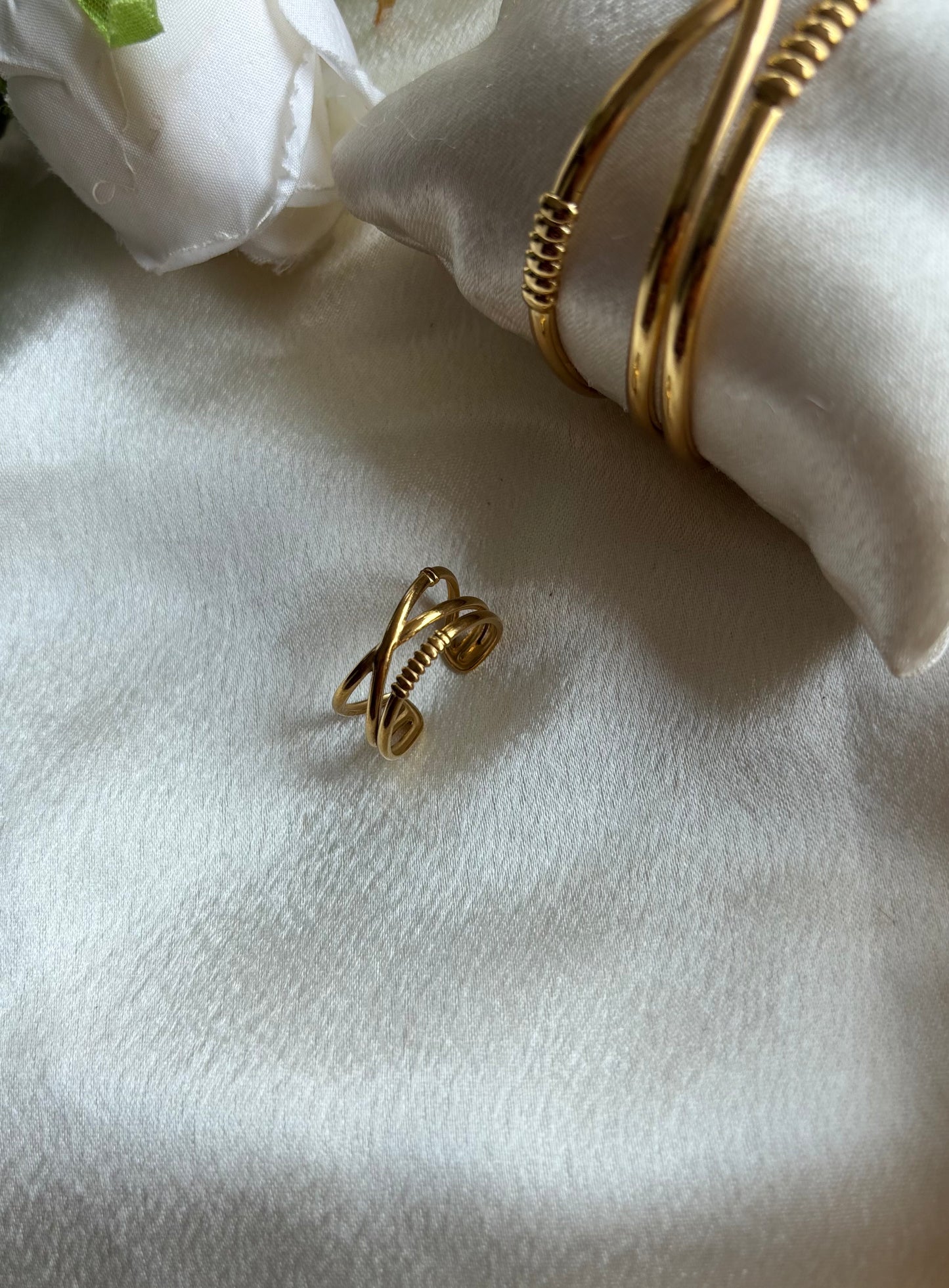 Anti tarnish gold plated adjustable cuff bangle+ring