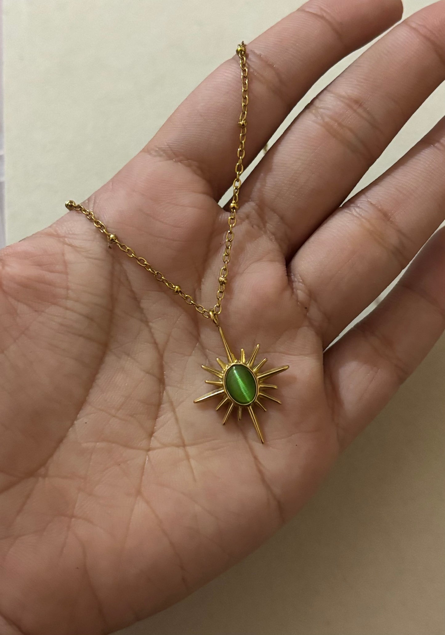 Anti tarnish gold plated green sun necklace