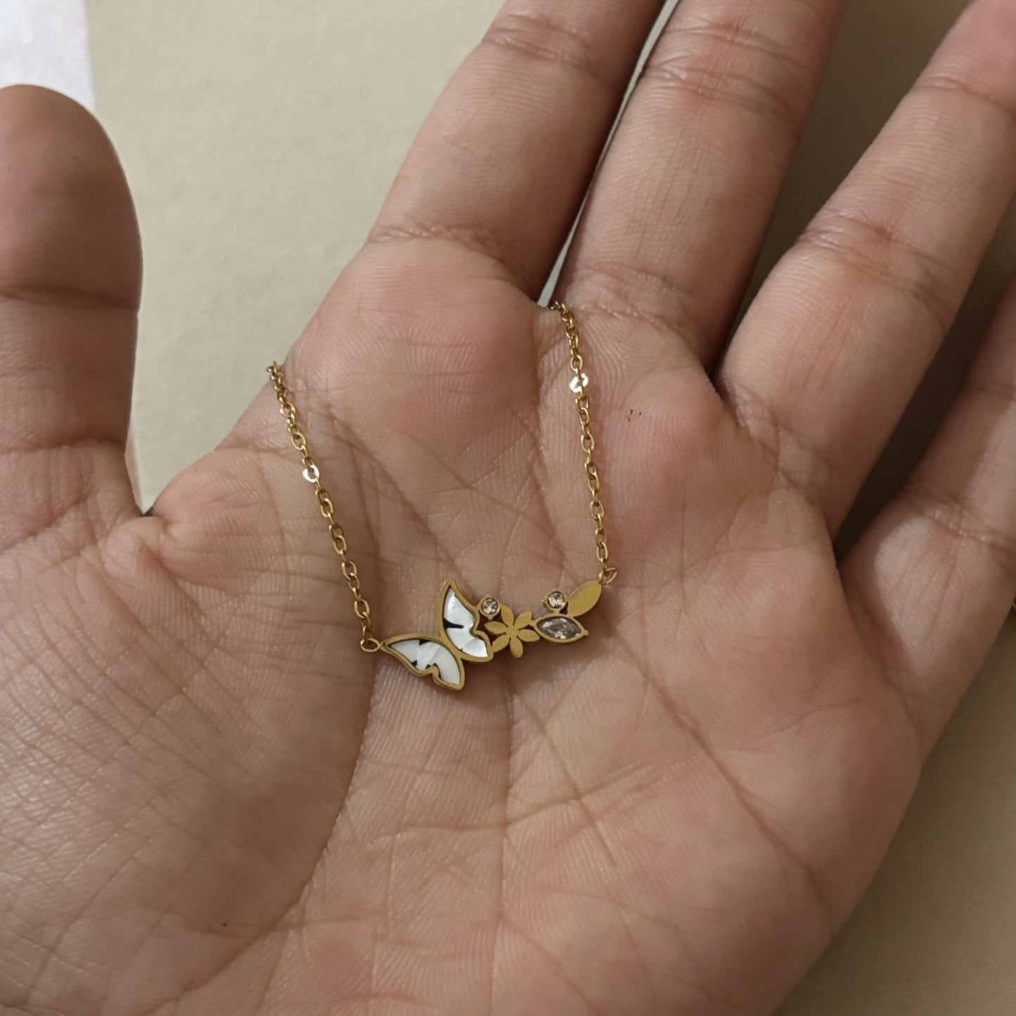 Anti tarnish gold plated butterfly marble necklace