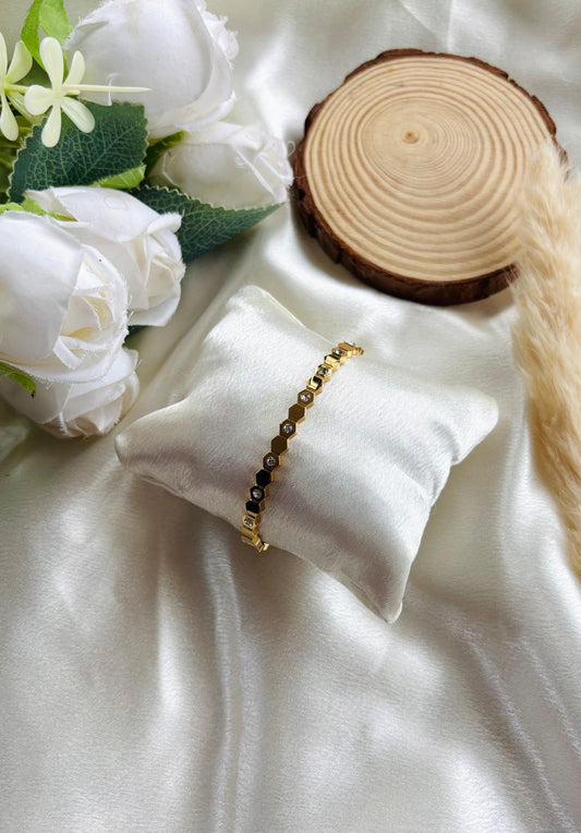 Anti tarnish gold plated hexagonal bracelet with cubic zirconia stones