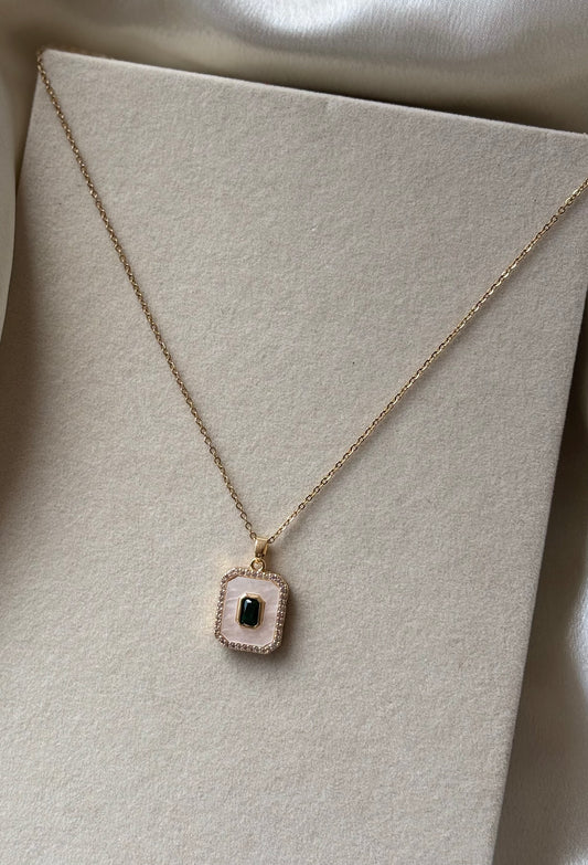 Anti tarnish gold plated rectangle green stone and white necklace