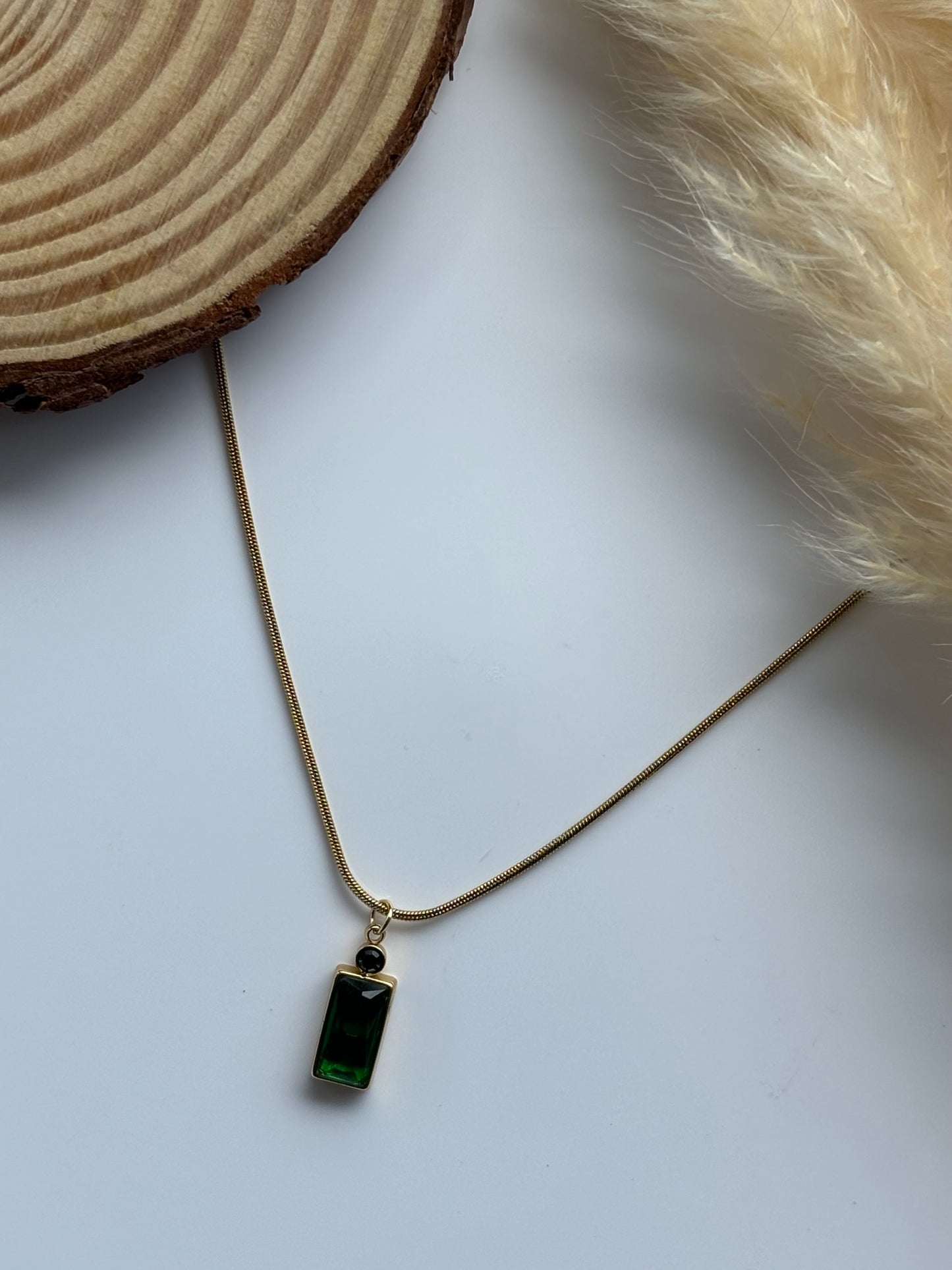 Anti tarnish gold plated green stone rectangle necklace