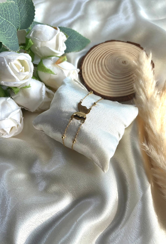 Anti tarnish gold plated double butterfly layered bracelet