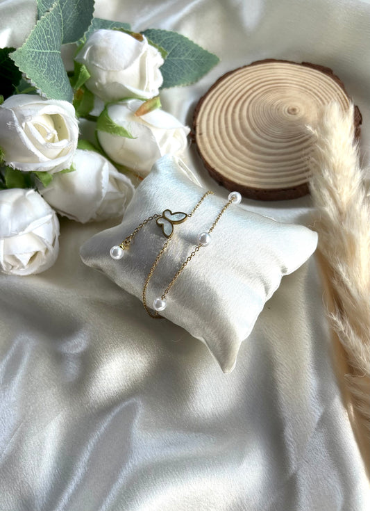 Anti tarnish gold plated butterfly pearl bracelet