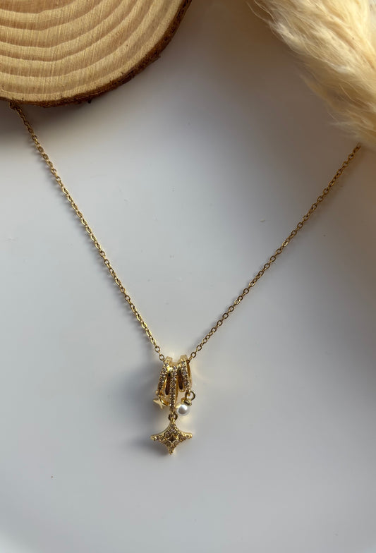 Anti tarnish gold plated star and bead hanging necklace
