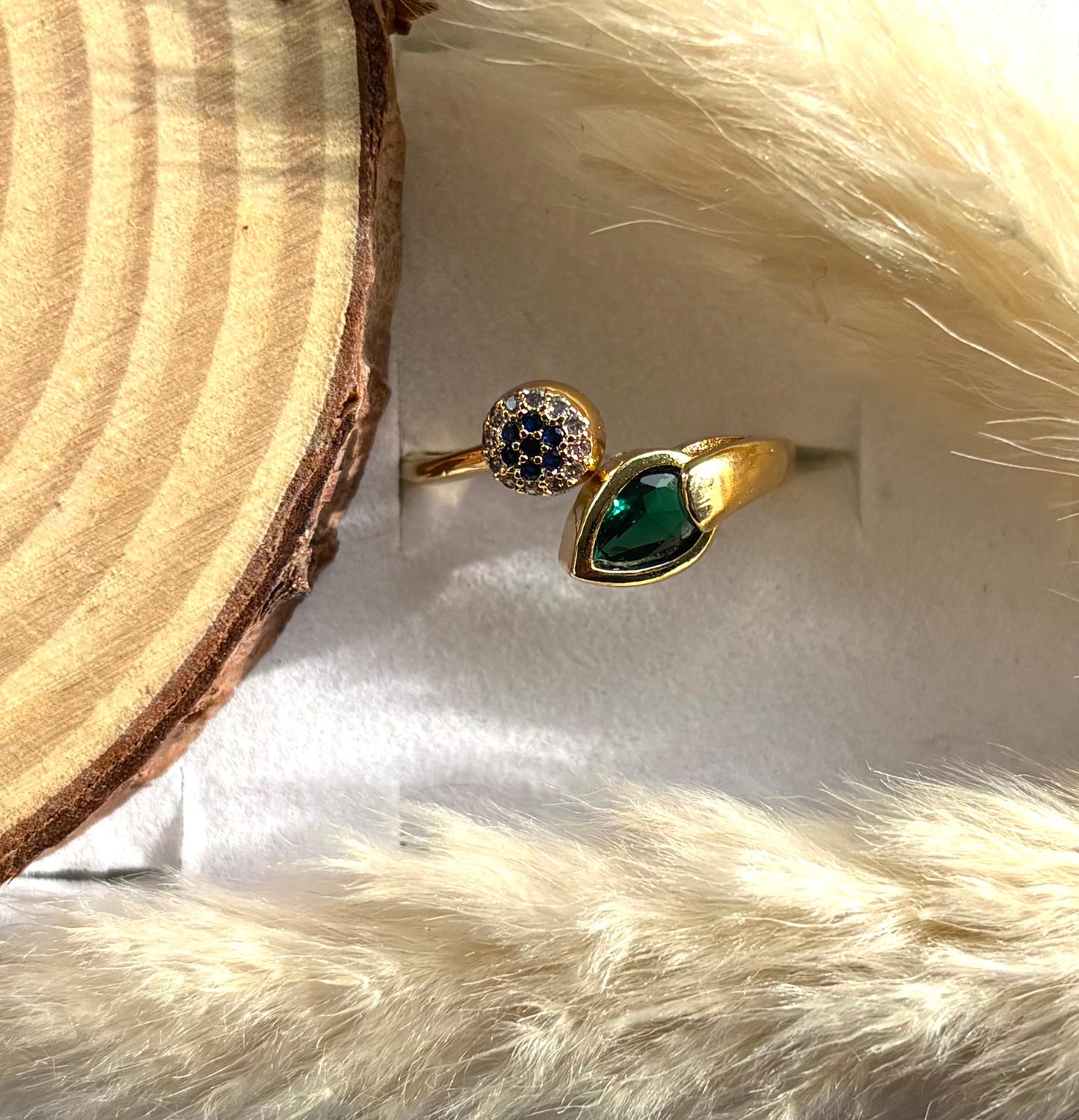 Anti tarnish gold plated adjustable green stone ring
