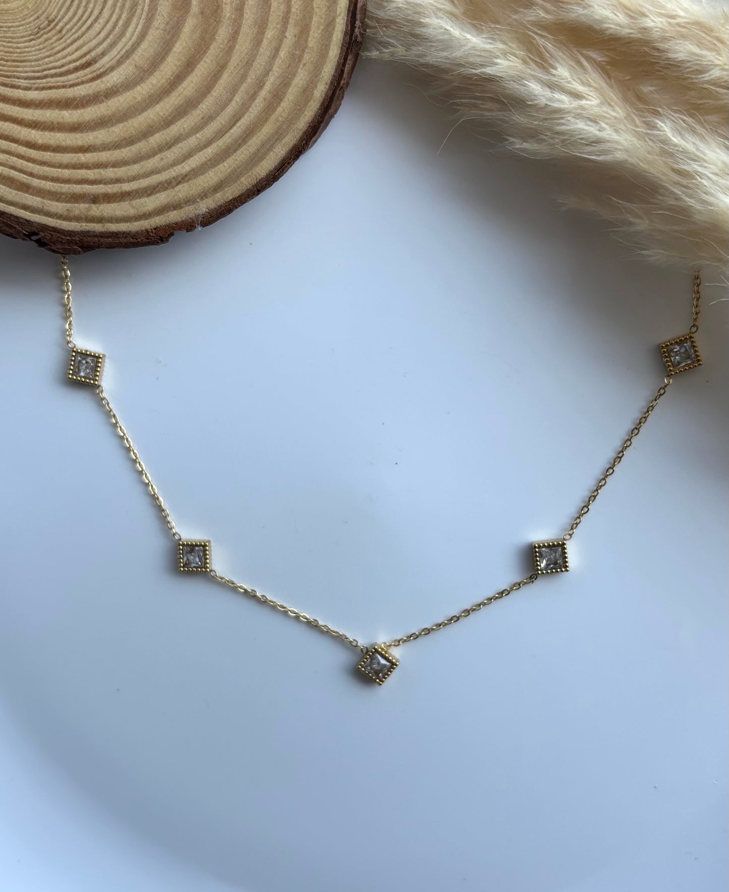 Anti tarnish goldplated square stone necklace
