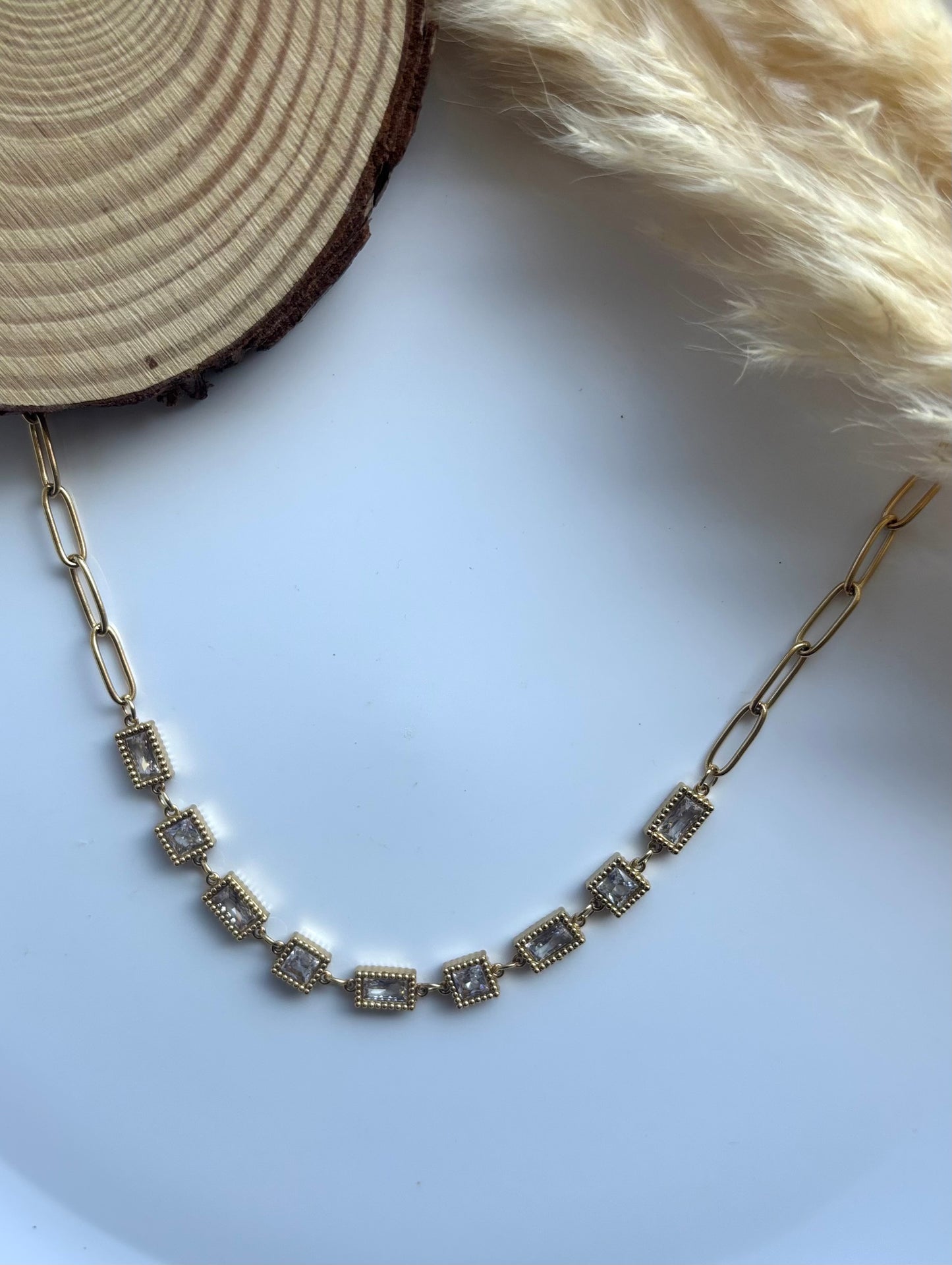 Anti tarnish gold plated rectangle & square stone necklace