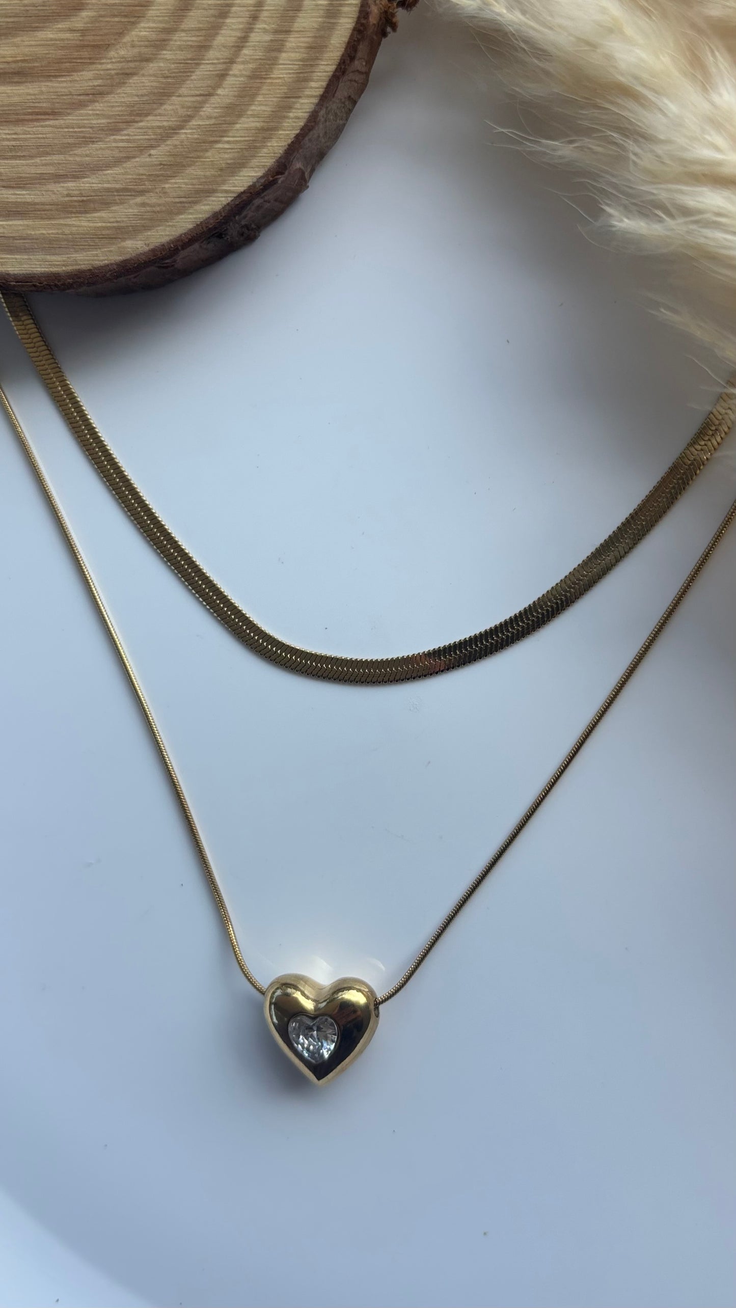 Anti tarnish gold plated heart stone and snake chain layered necklace