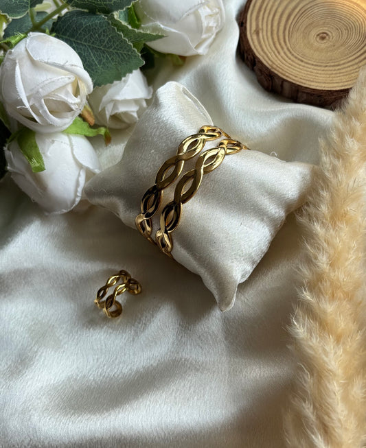 Anti tarnish gold plated adjustable cuff bangle +ring