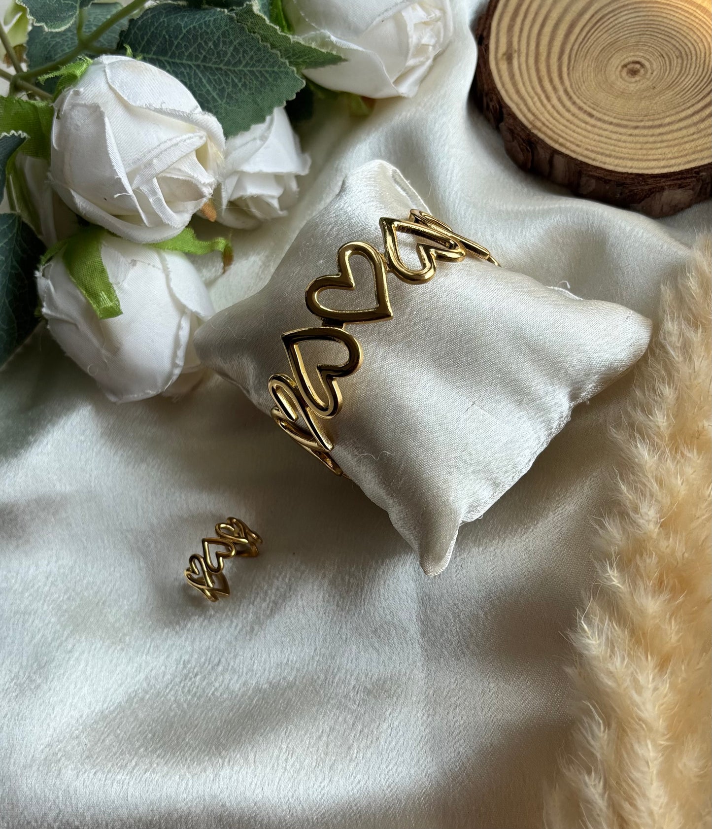 Anti tarnish gold plated adjustable cuff bangle +ring