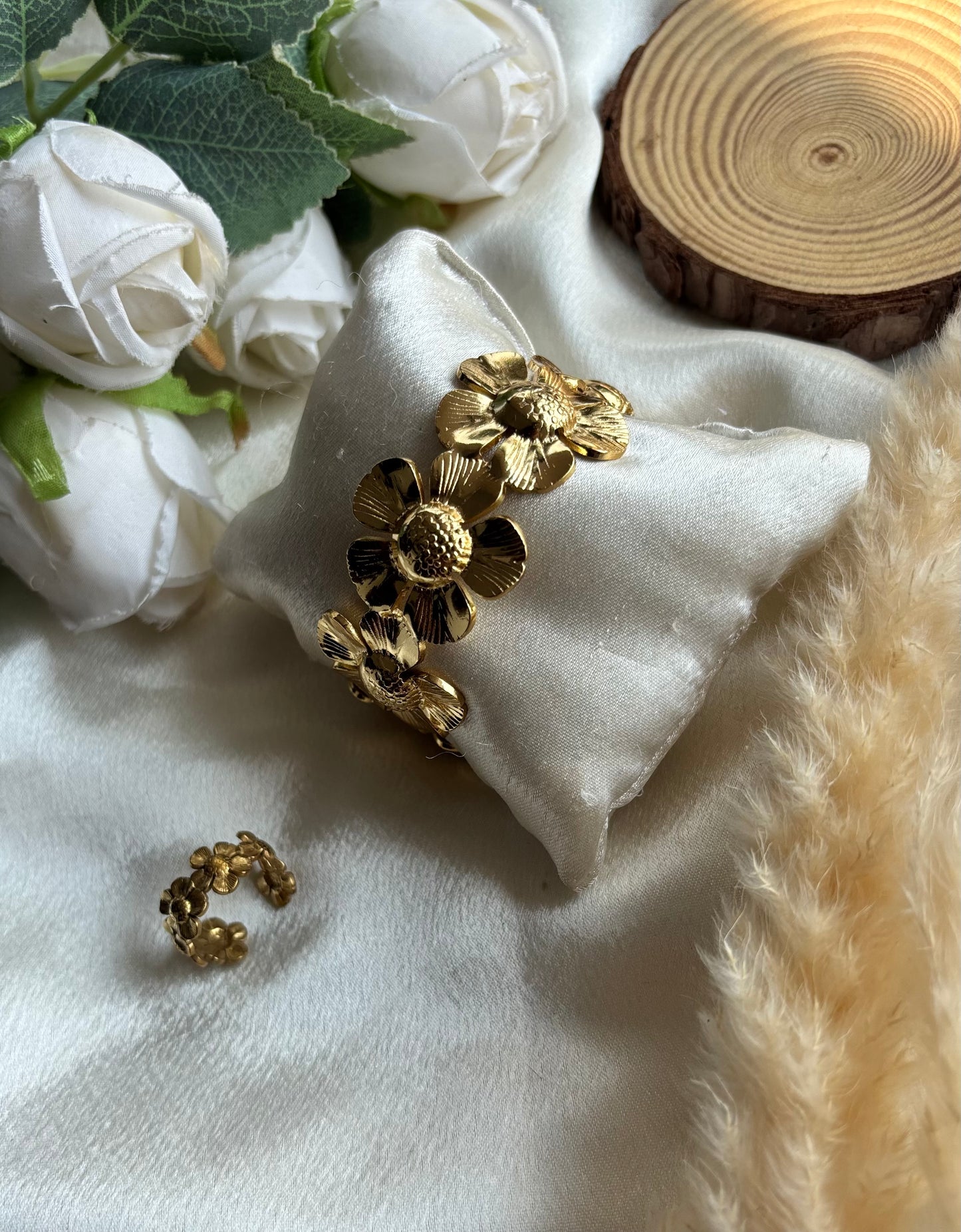 Anti tarnish gold plated adjustable cuff bangle+ring