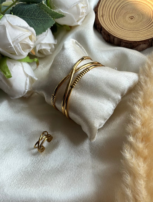 Anti tarnish gold plated adjustable cuff bangle+ring