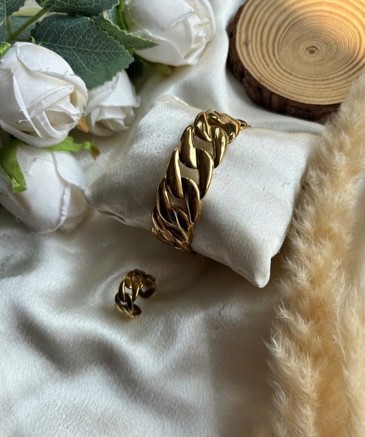 Anti tarnish gold plated adjustable cuff bangle+ring