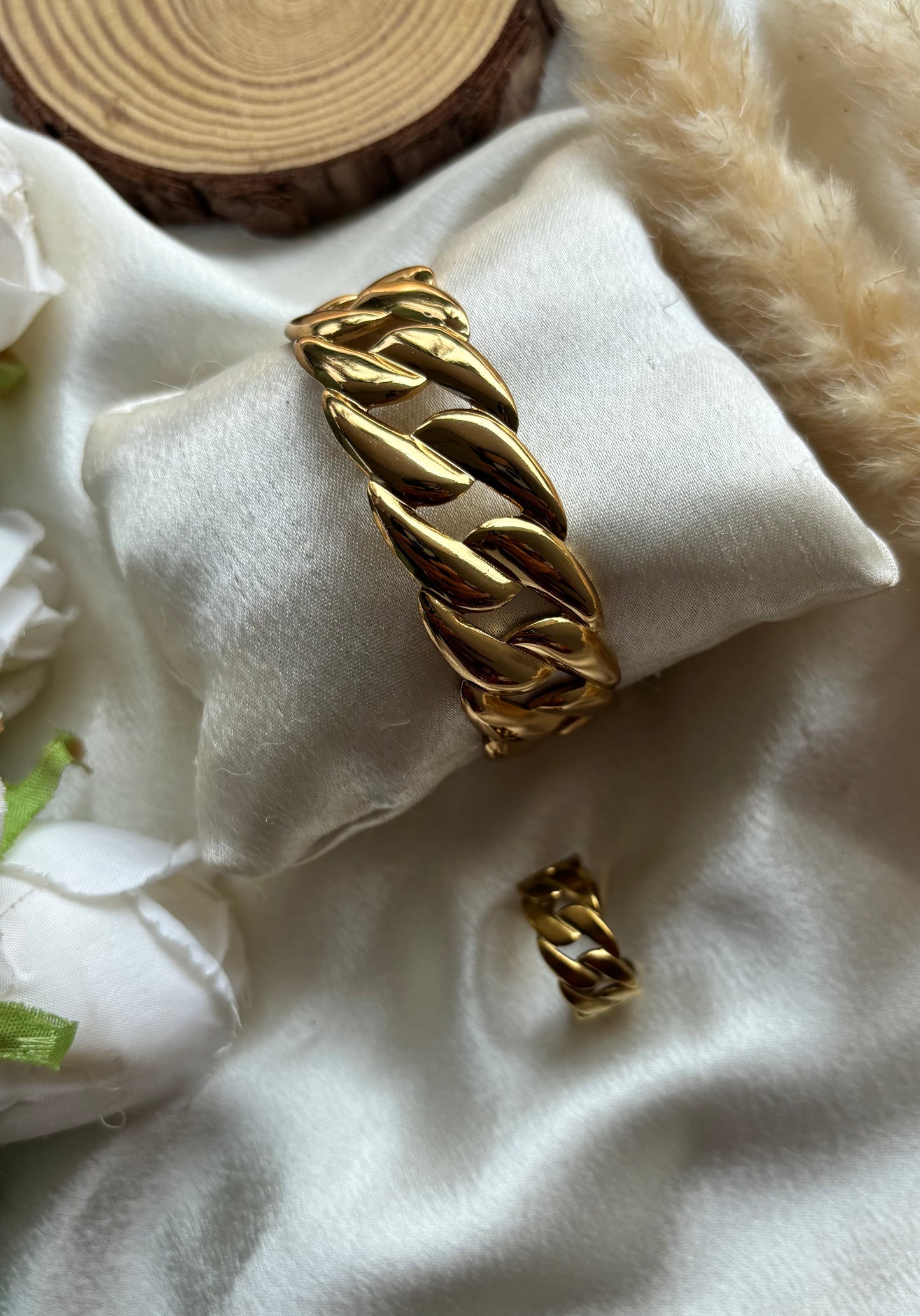Anti tarnish gold plated adjustable cuff bangle+ring