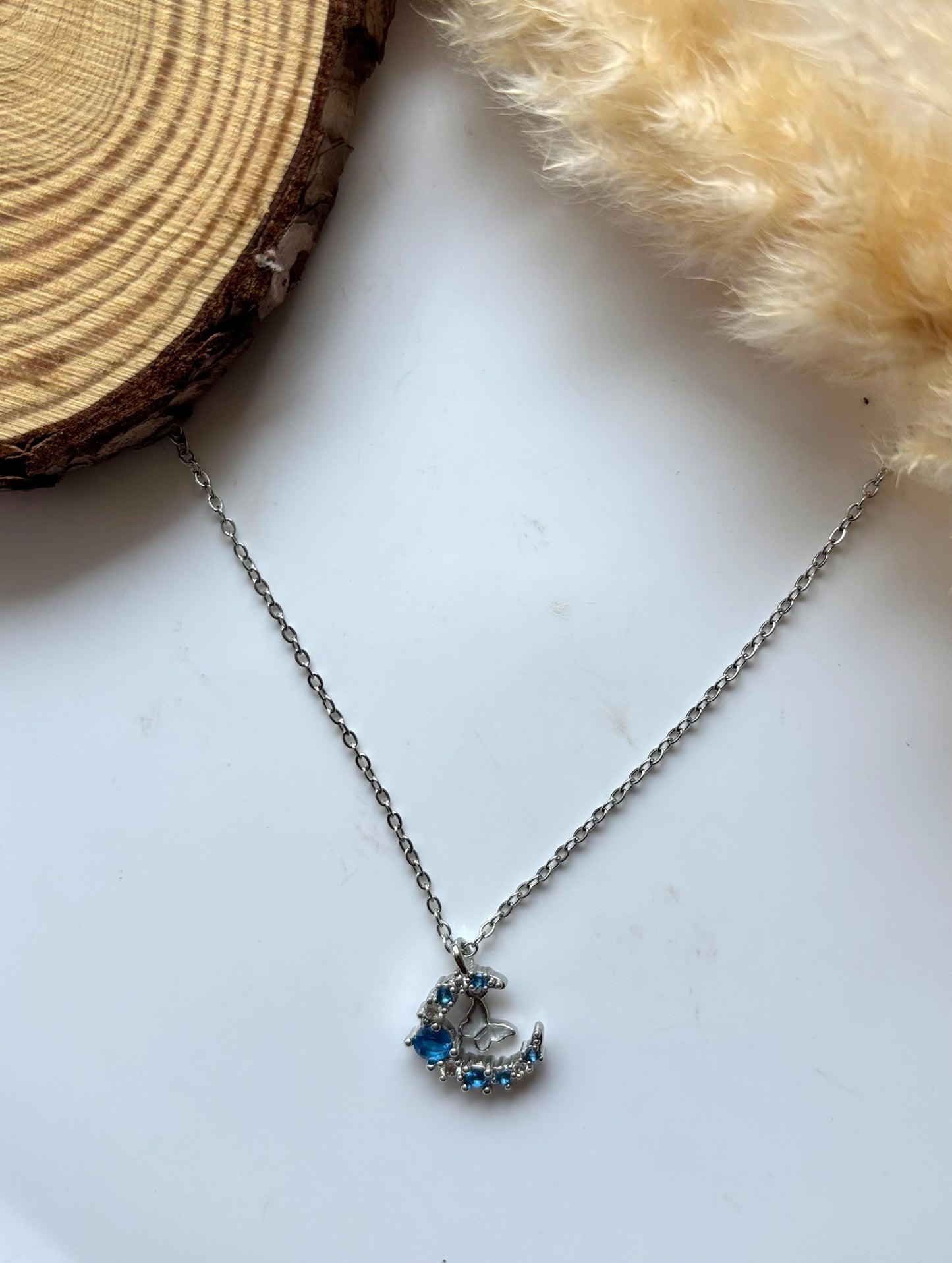 Anti tarnish stainless steel moon butterfly necklace