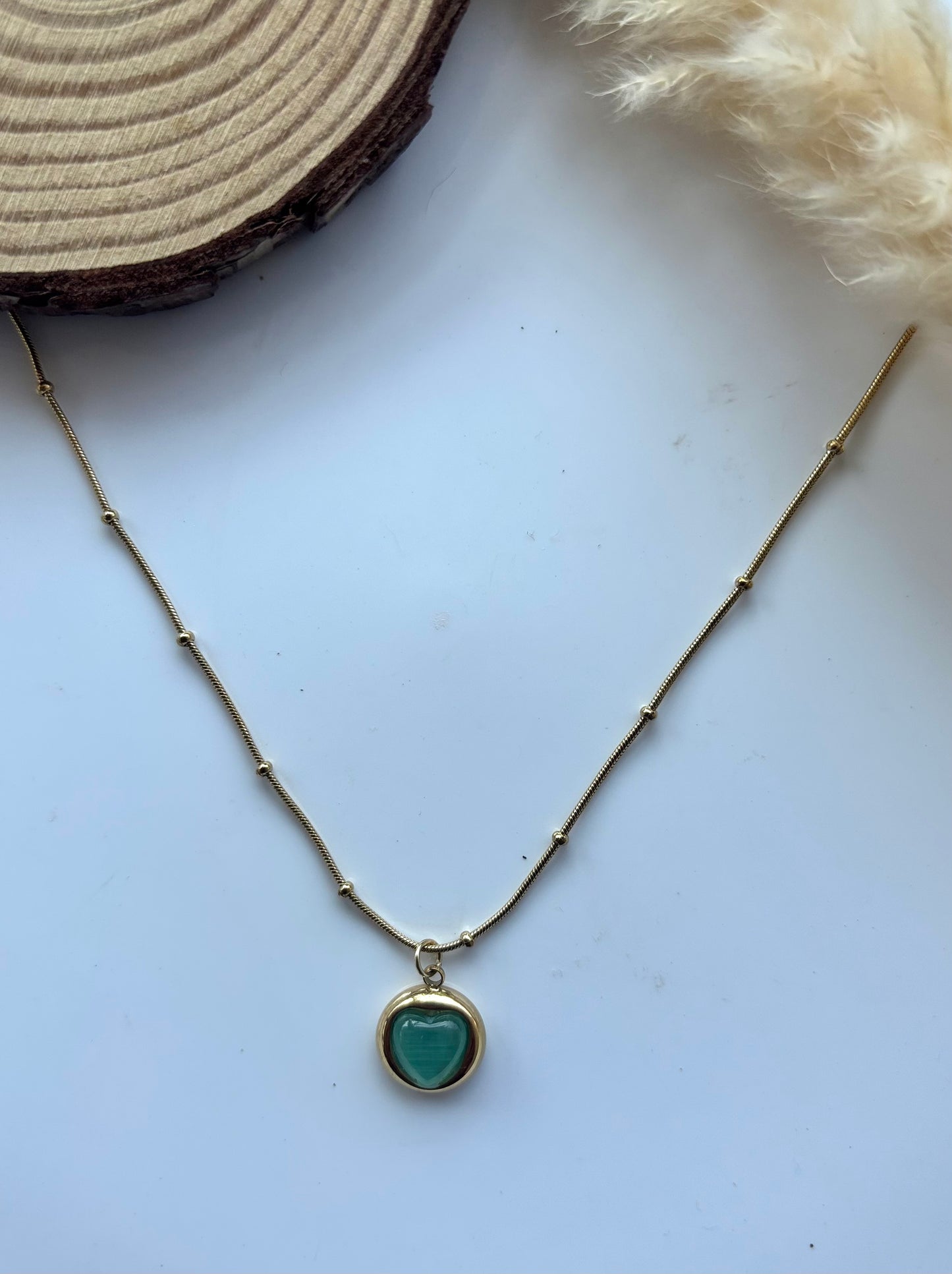 Anti tarnish gold plated oloive green heart gemstone pendant