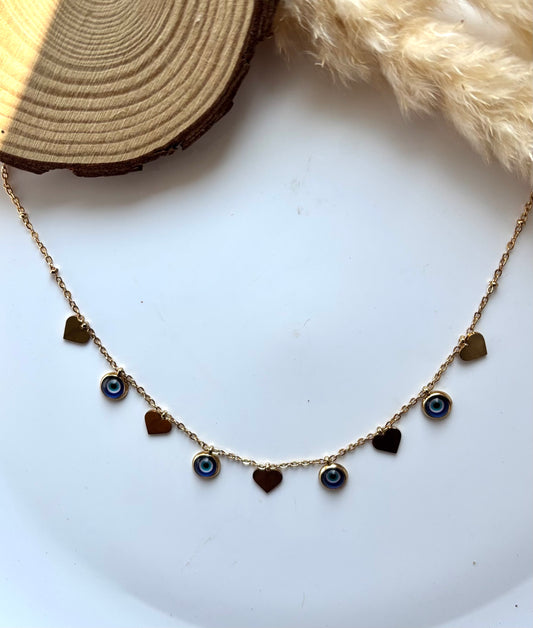 Anti tarnish gold plated evil eye heart necklace