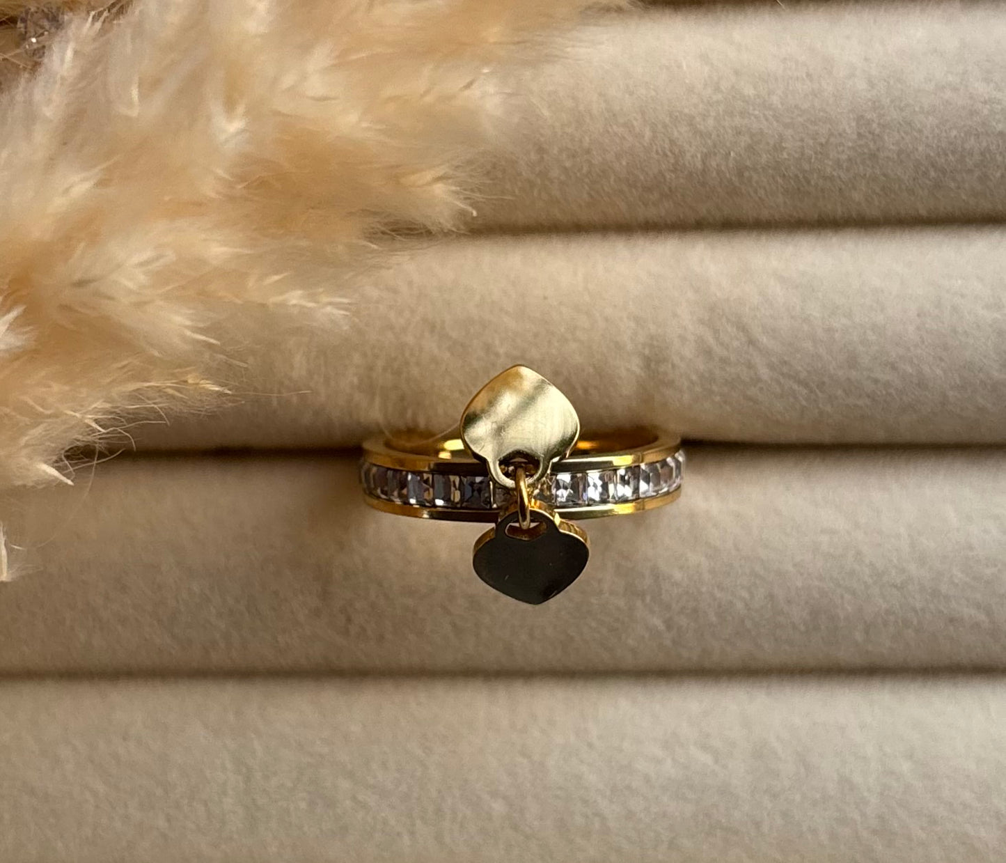 Anti tarnish gold plated hanging hearts with stone ring