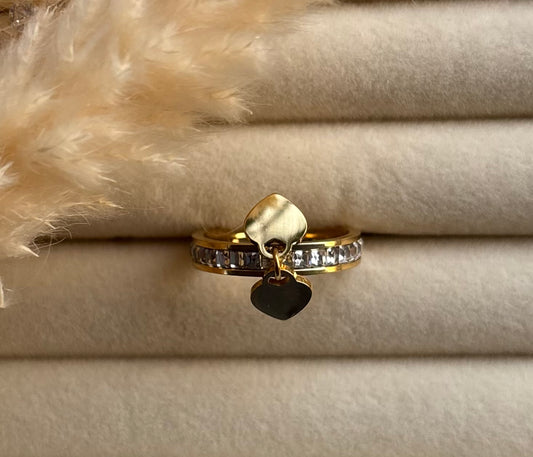 Anti tarnish gold plated hanging hearts with stone ring