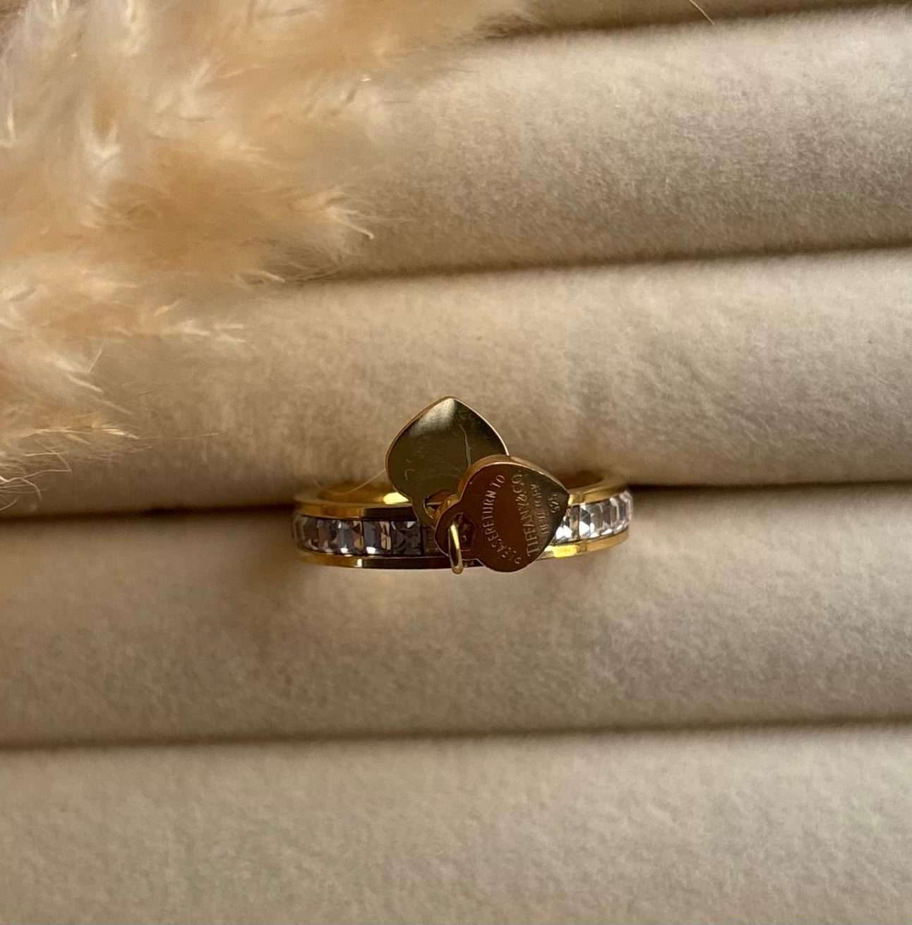 Anti tarnish gold plated hanging hearts with stone ring