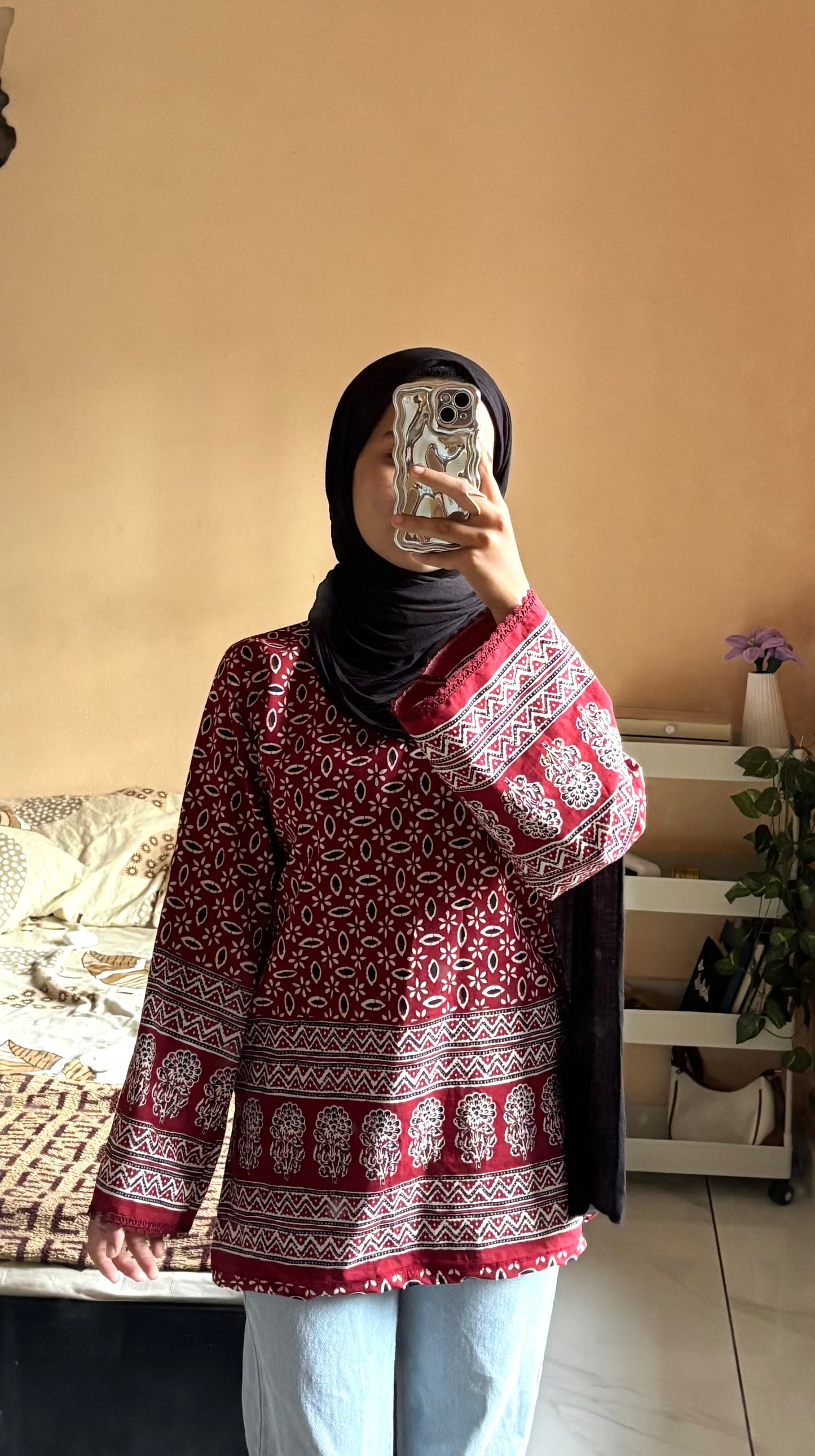 Cotten red kurthi with hand lace