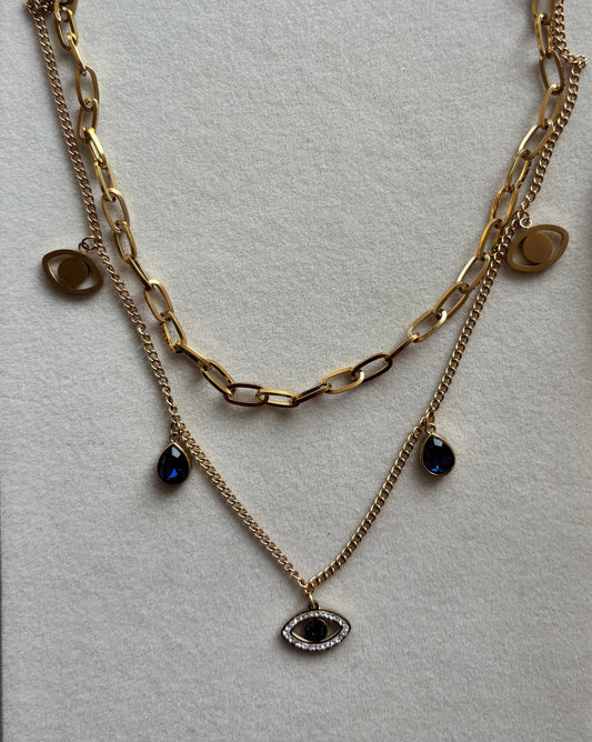 Anti tarnish gold plated double layered evil eye necklace