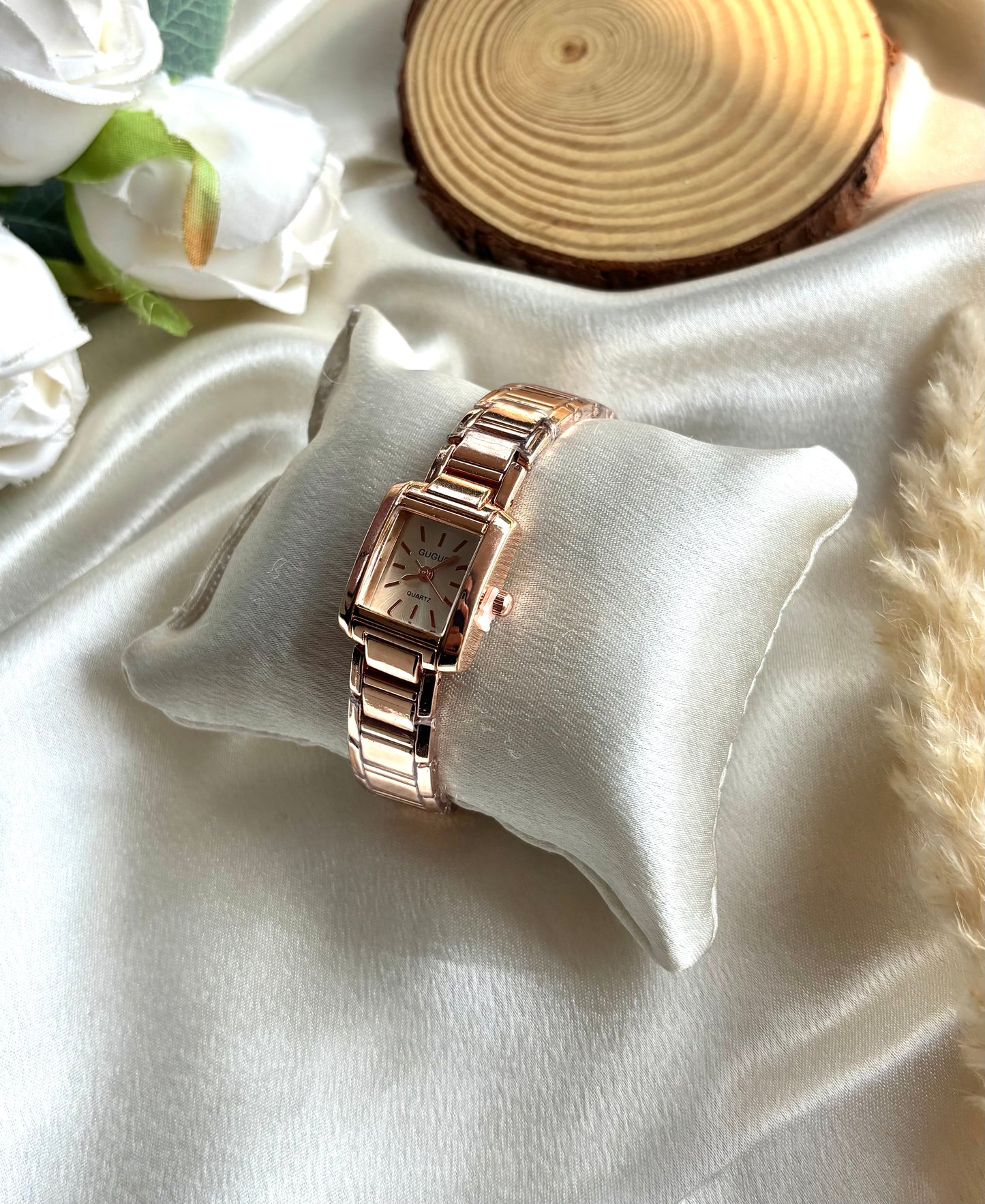 Stainless steel rose gold square dial watch