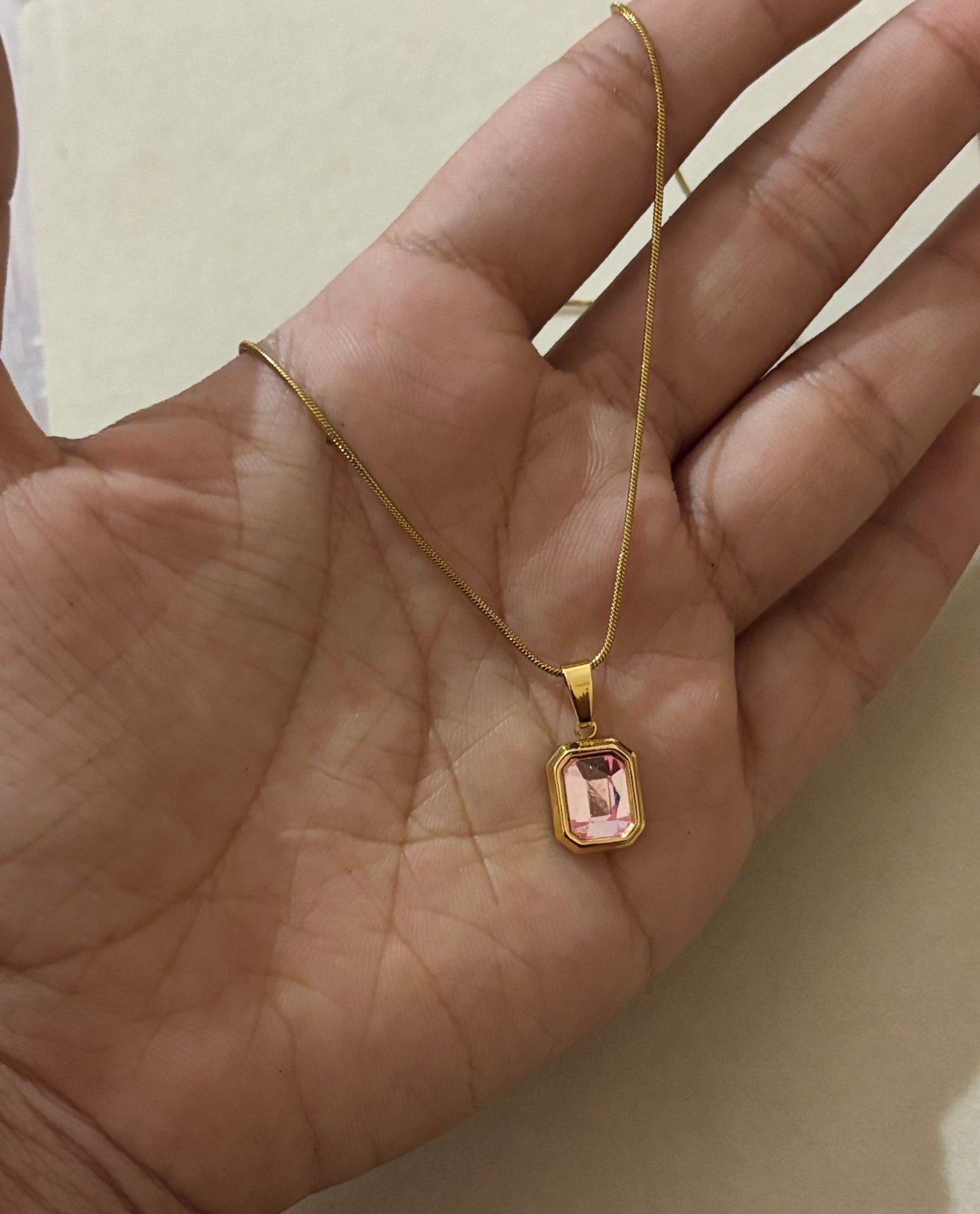 Anti tarnish gold plated lite pink stone necklace