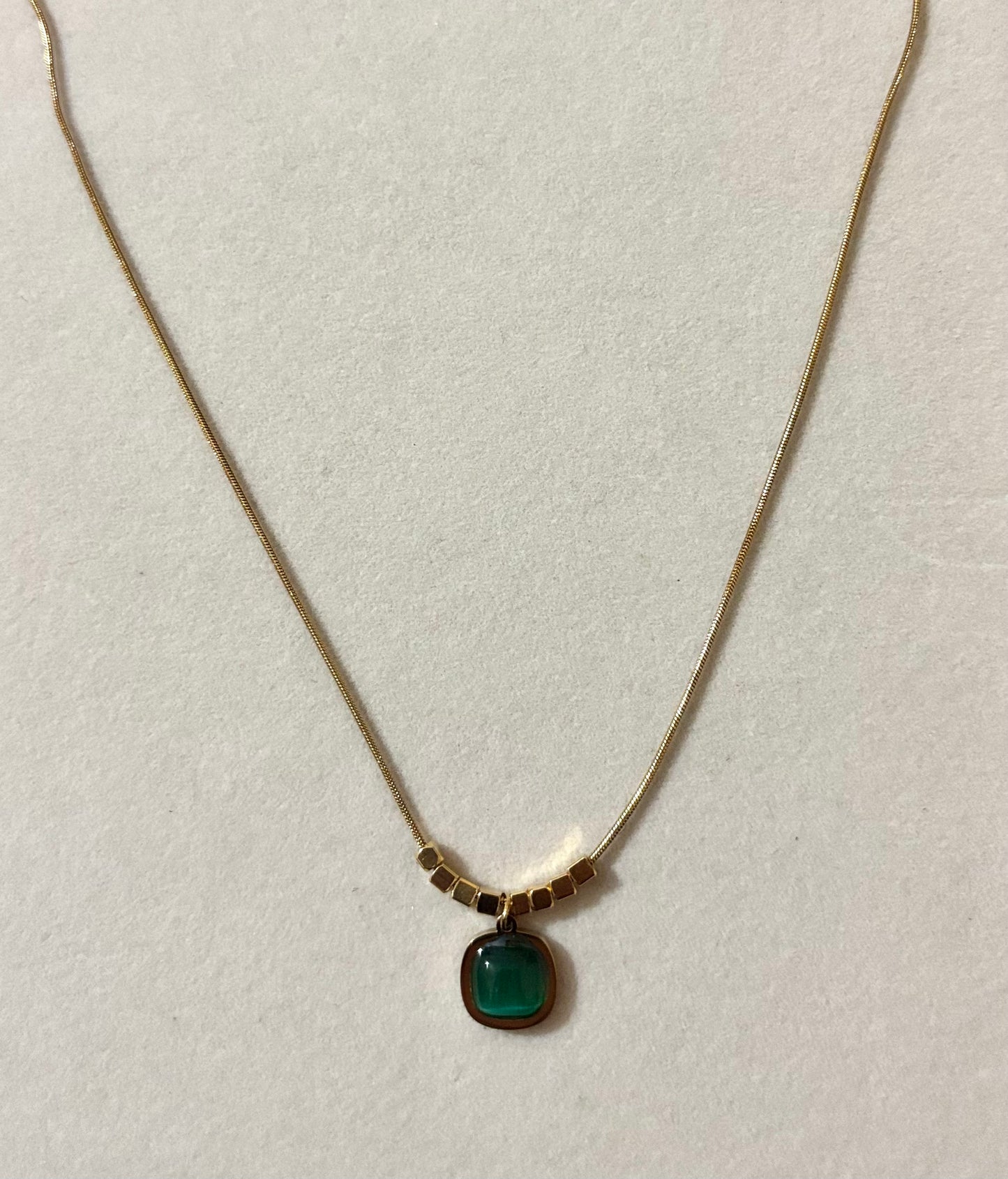 Anti tarnish gold plated swuare gem stone with bead necklace