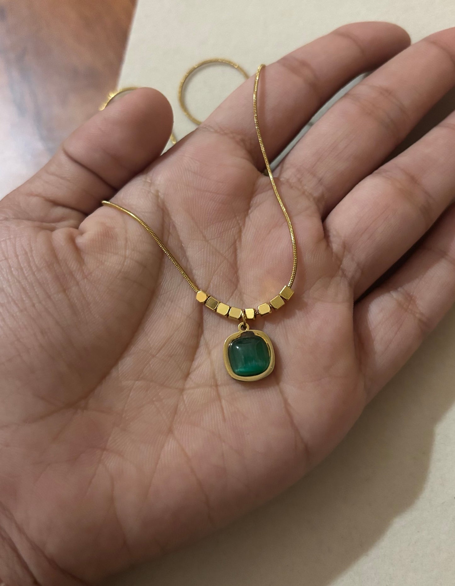 Anti tarnish gold plated swuare gem stone with bead necklace